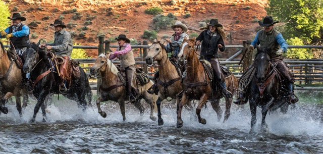 Wranglers driving horse herd across Jakey's Creek   Oly E-M1  40-150mm f2.8