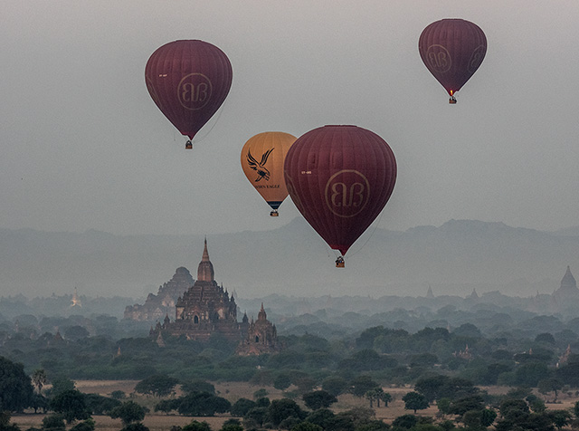 Balloons fly over some of the thousands of the old Buddhist temples 