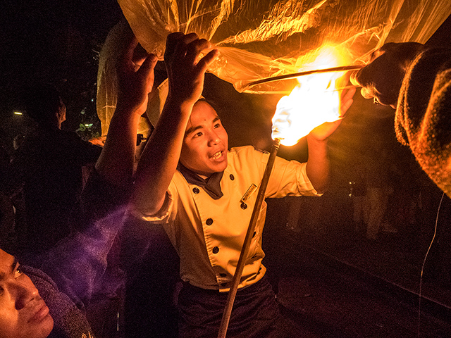 Traditional balloon launch near Inle Lake, Myanmar